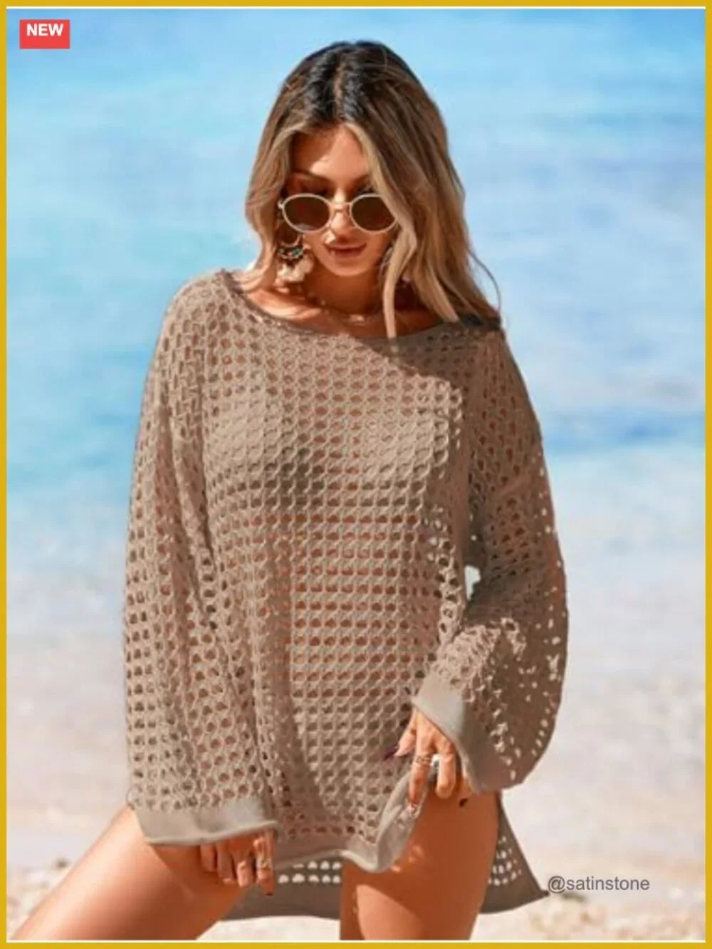 Oversized Crochet Mesh Swimsuit Cover Up Dress Long Bell Sleeve